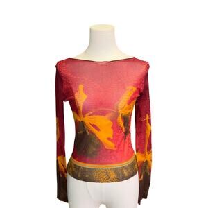 Ipse Gazebo Vintage 90s Mesh Top Orchid Floral Abstract Graphic Red Long Sleeve